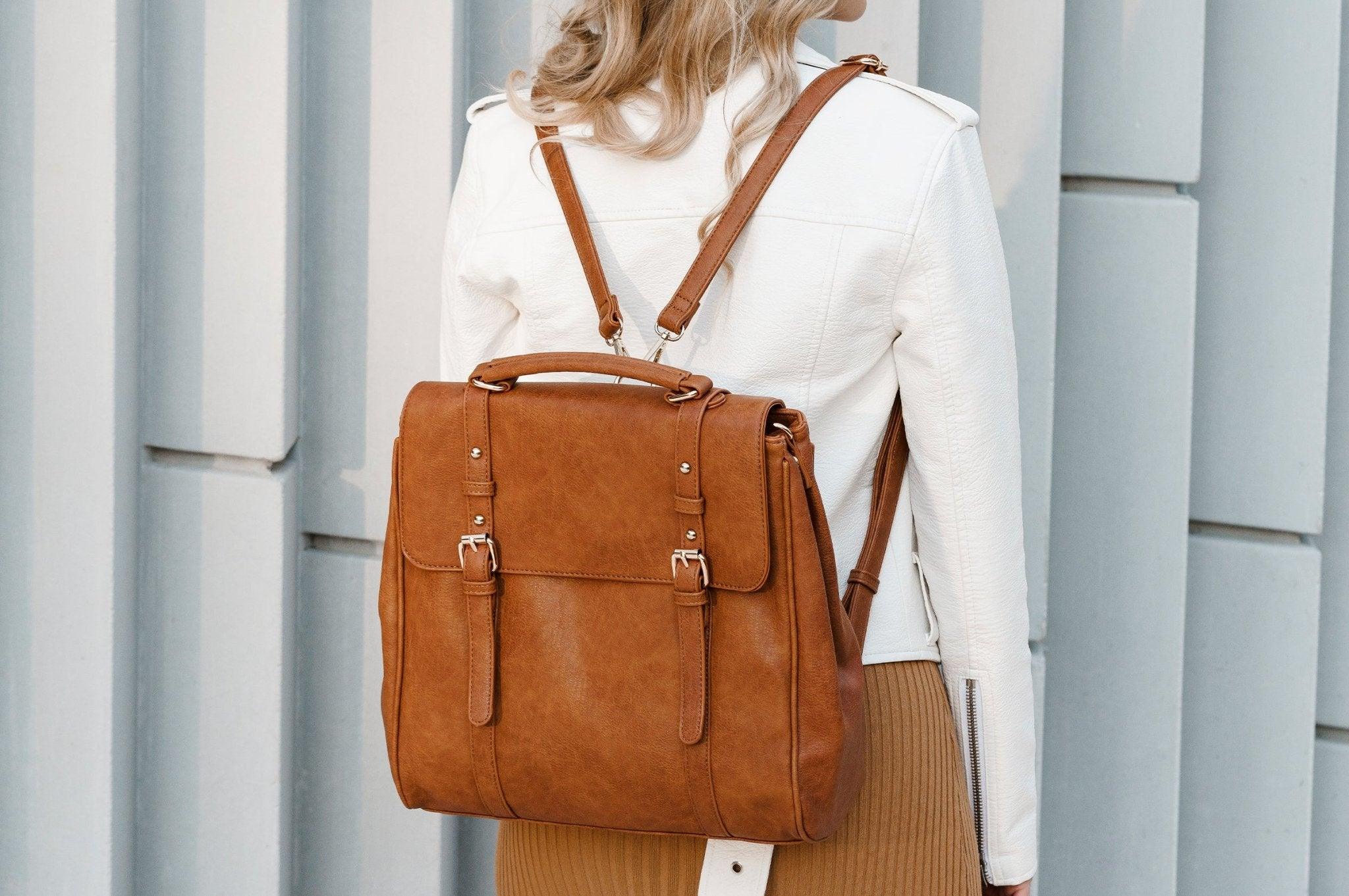 Shop Louis Vuitton Plain Leather Khaki Logo Backpacks by Mint