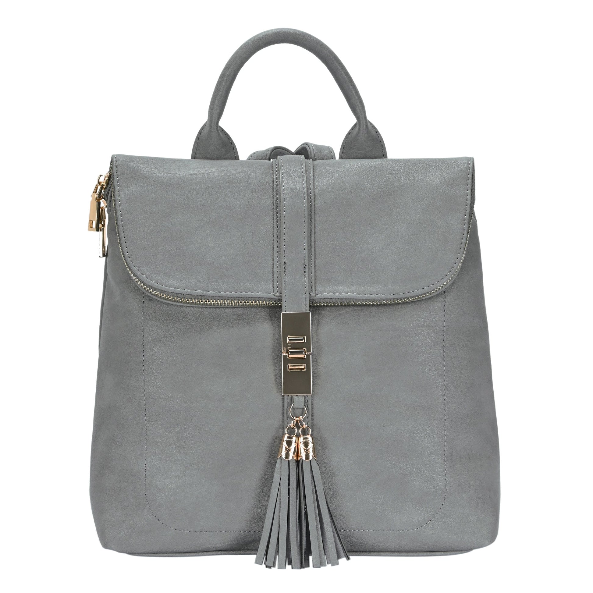 dark grey faux leather backpack Diana Backpack – Chic Vegan Leather Bag with Tassel & Gold Hardware – MMS Brands